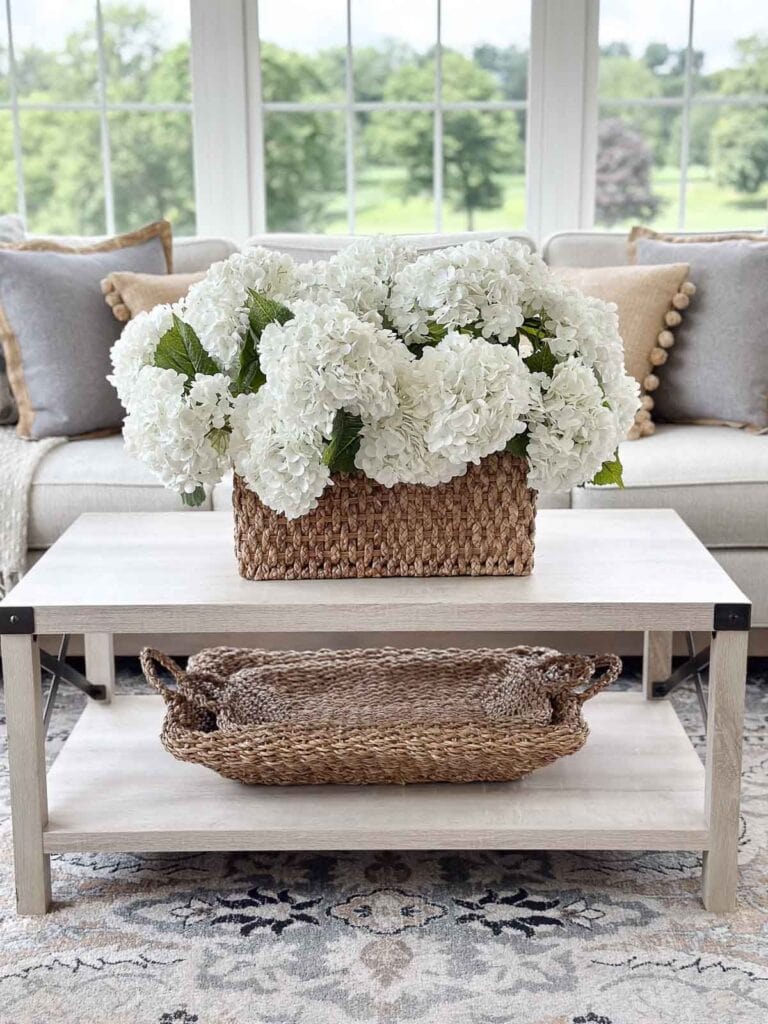 basket of hydrangeas on the coffee table