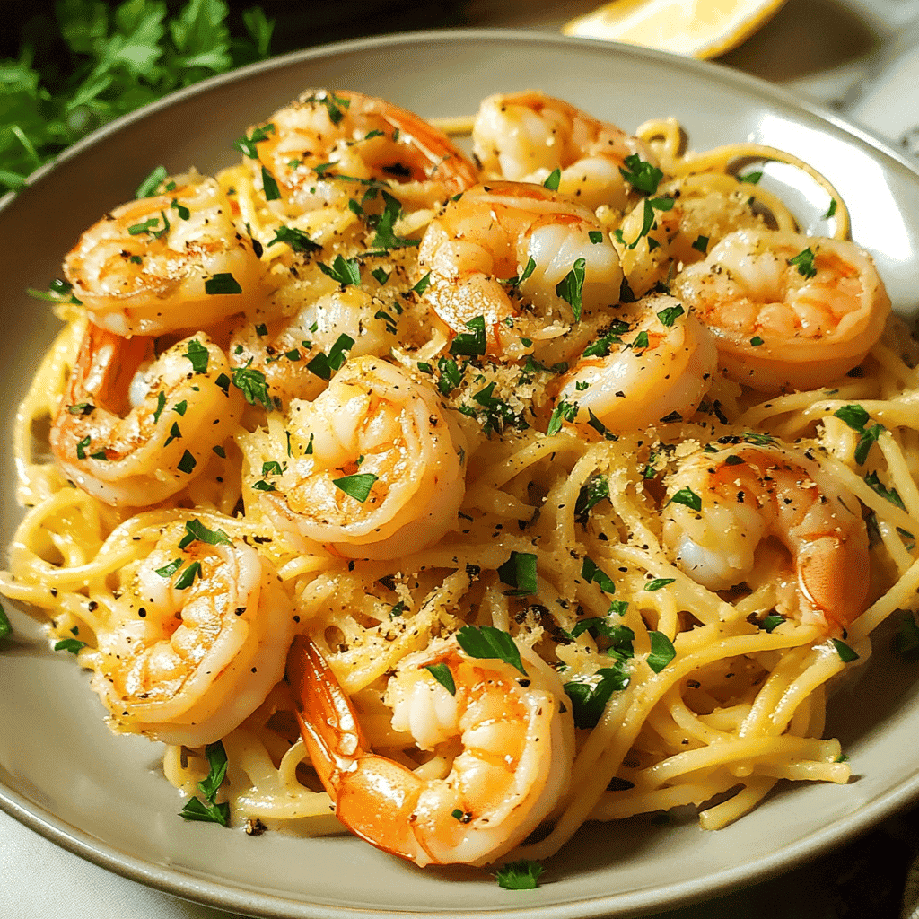 shrimp scampi in a wide bowl