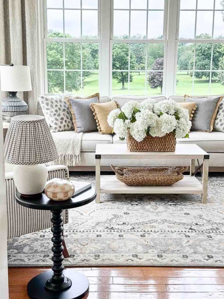 sunroom coffee table, sofa, chair, table, and lamps