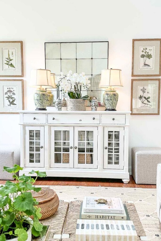 white buffet- focal point in the living room