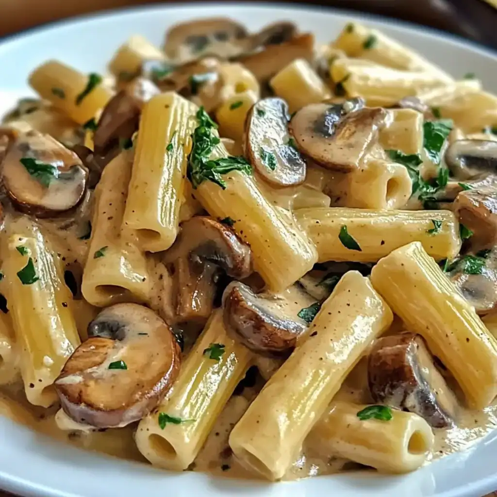 CREAMY PASTA WITH MUSHROOMS IN A PASTA BOWL