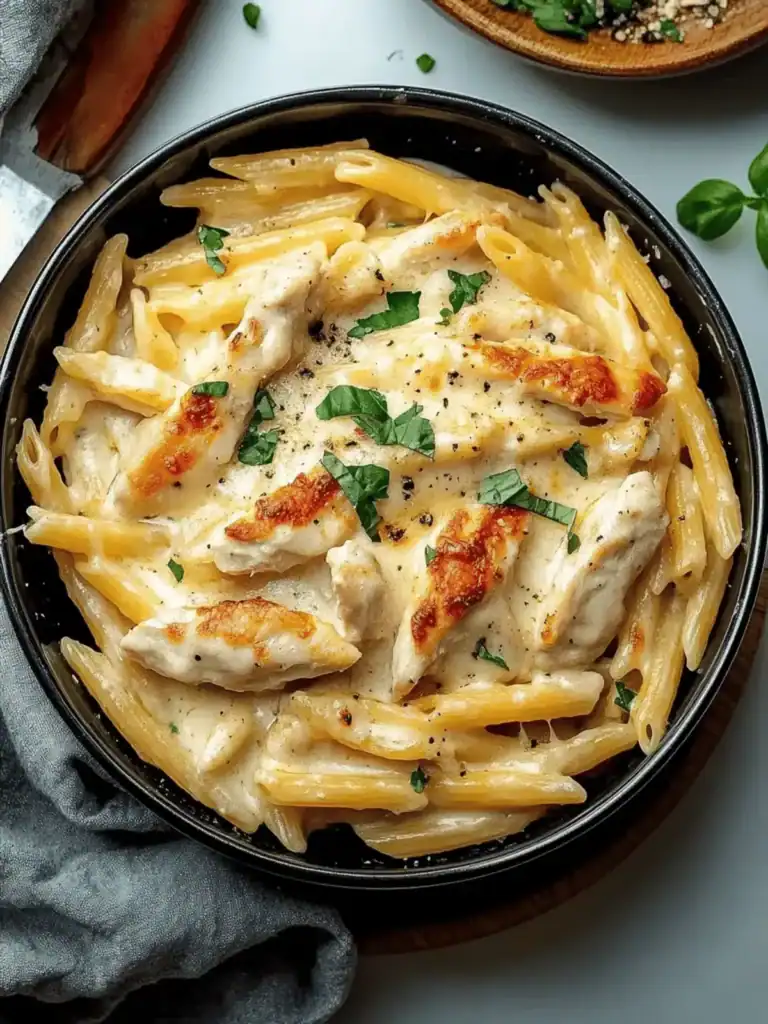 a chicken pasta dish in a pan