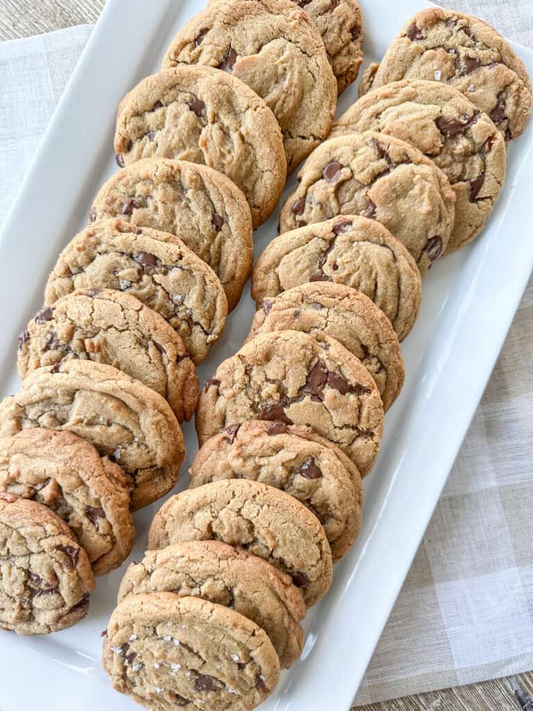 Chocolate chip cookies on a white plate