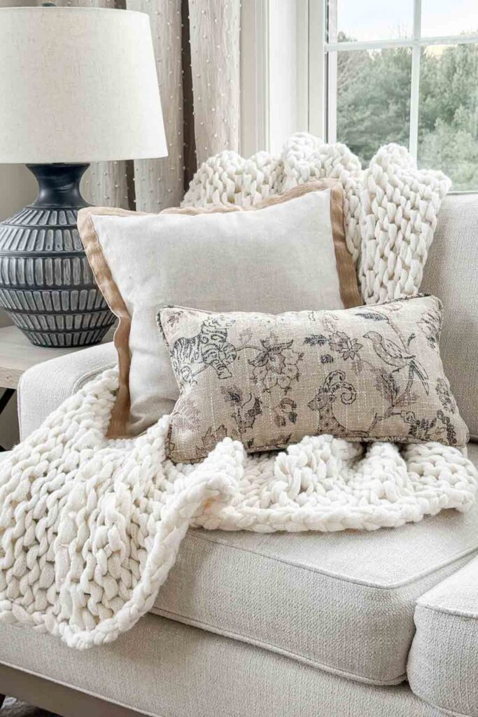 neutral chair styled with decorative pillows and chunky knit throw blanket by window
