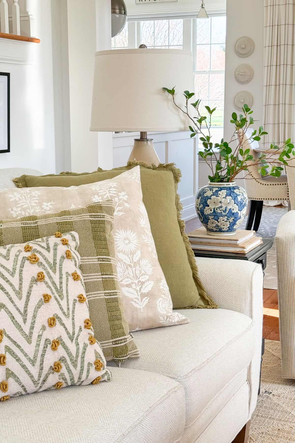 pillows on a sofa in a living room