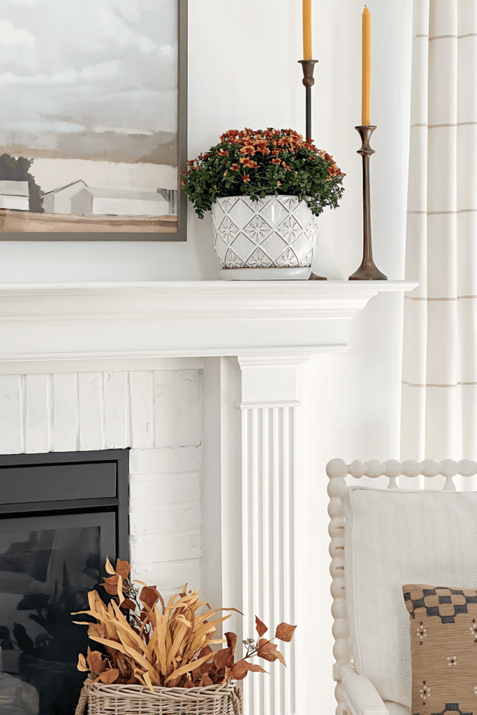 11 FALL MANTEL-mums in a white planter and candles