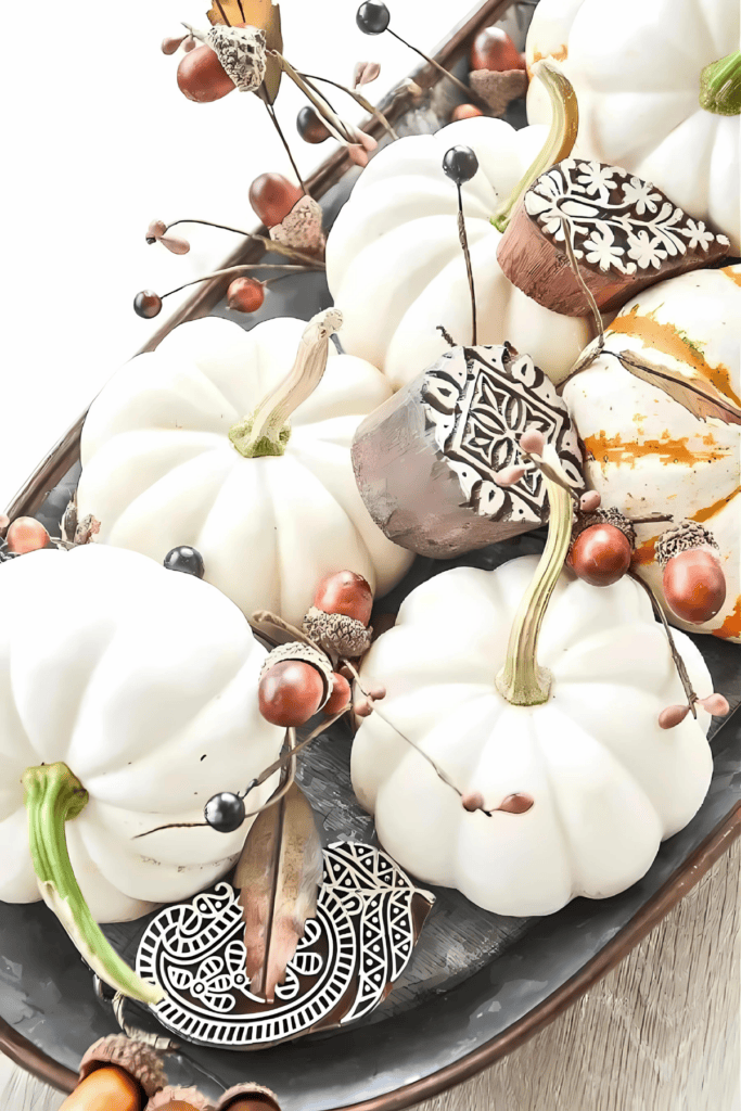 PRESERVING PUMPKINS AND GOURDS- WHITE PUMPKINS IN AN ARRANGEMENT.