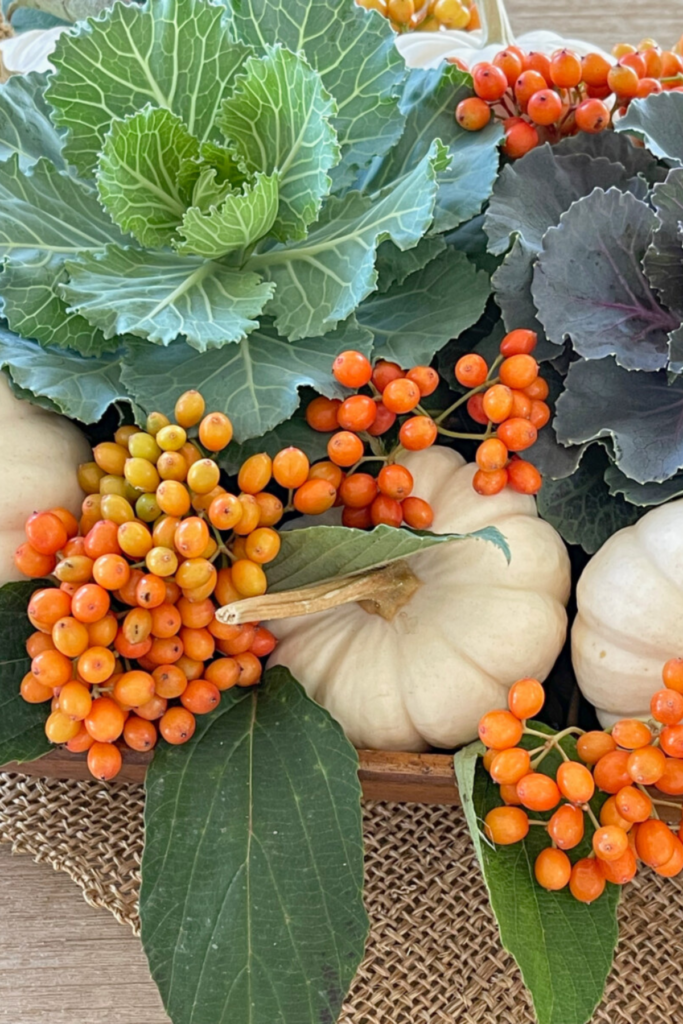 Fall Arrangement in a dough bowl- close up