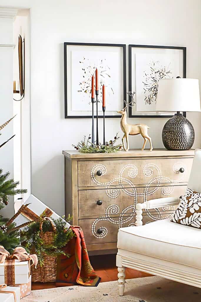 Christmas decor on the curlacue chest