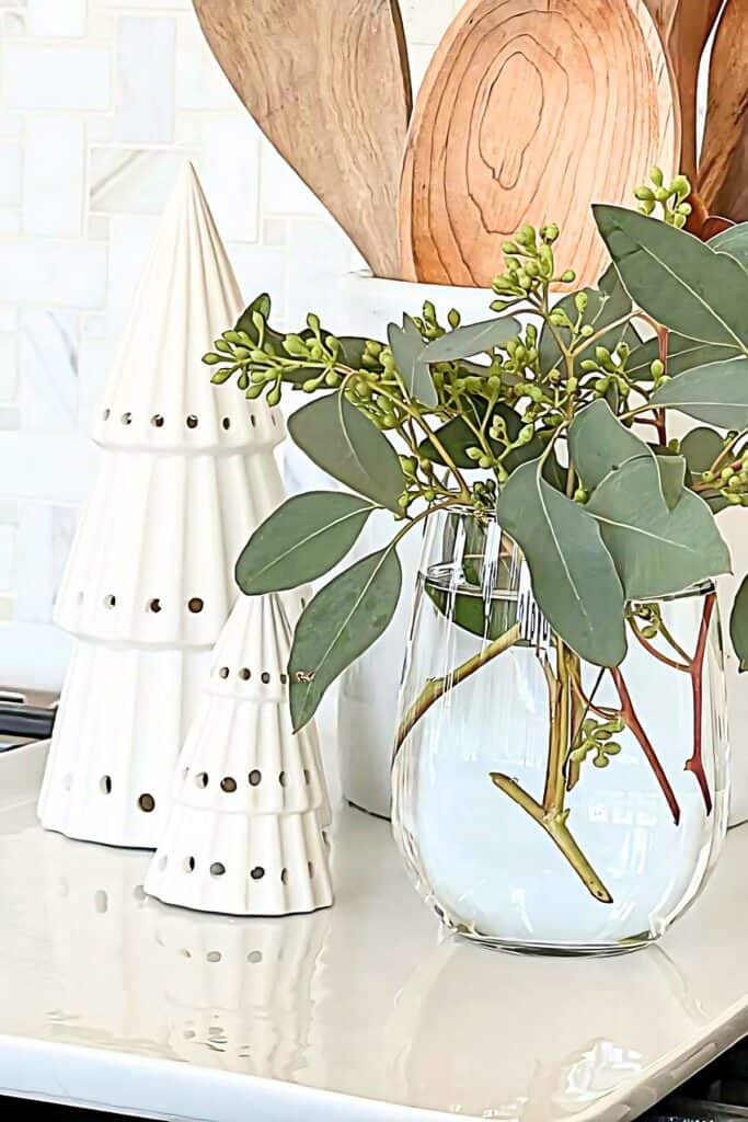 Christmas trees in a vignette in the kitchen
