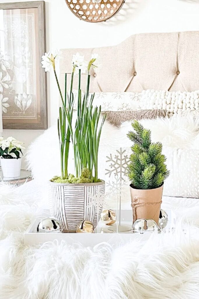 Christmas trees in a vignette on a bed