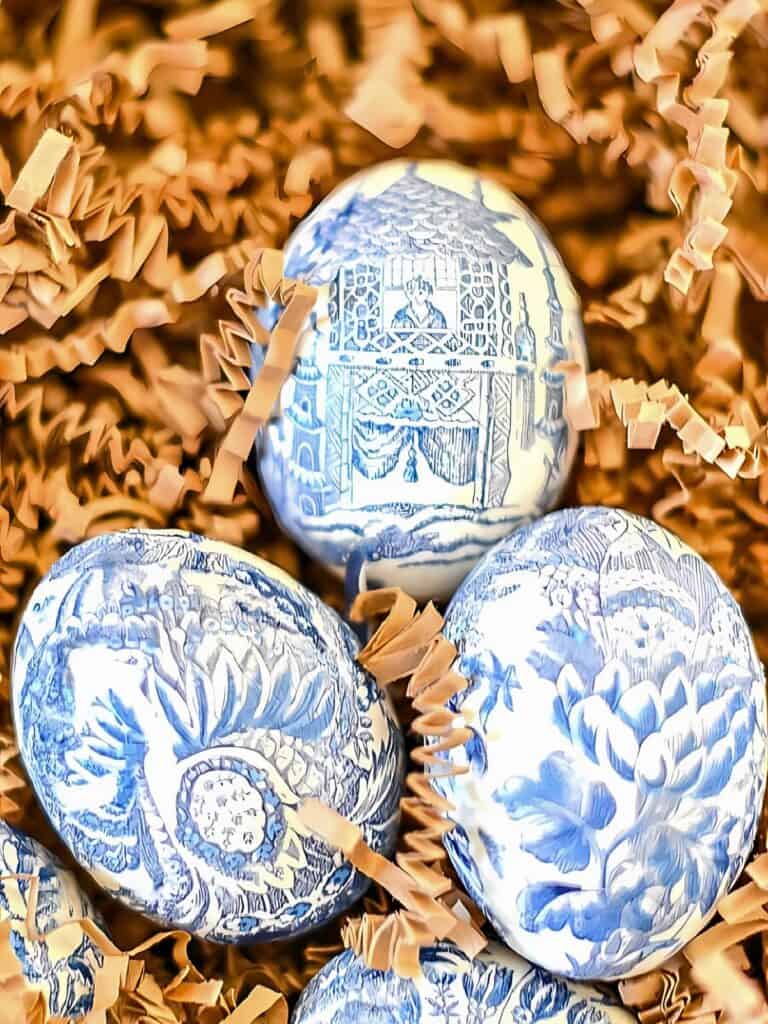 Chinoiserie Decoupage Eggs-  three blue and white chinoiserie eggs