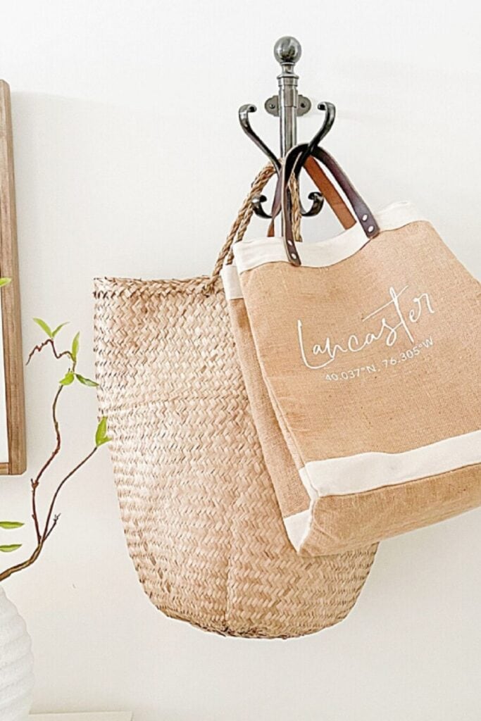 1- STORIED HOME: basket and a tote on a hook