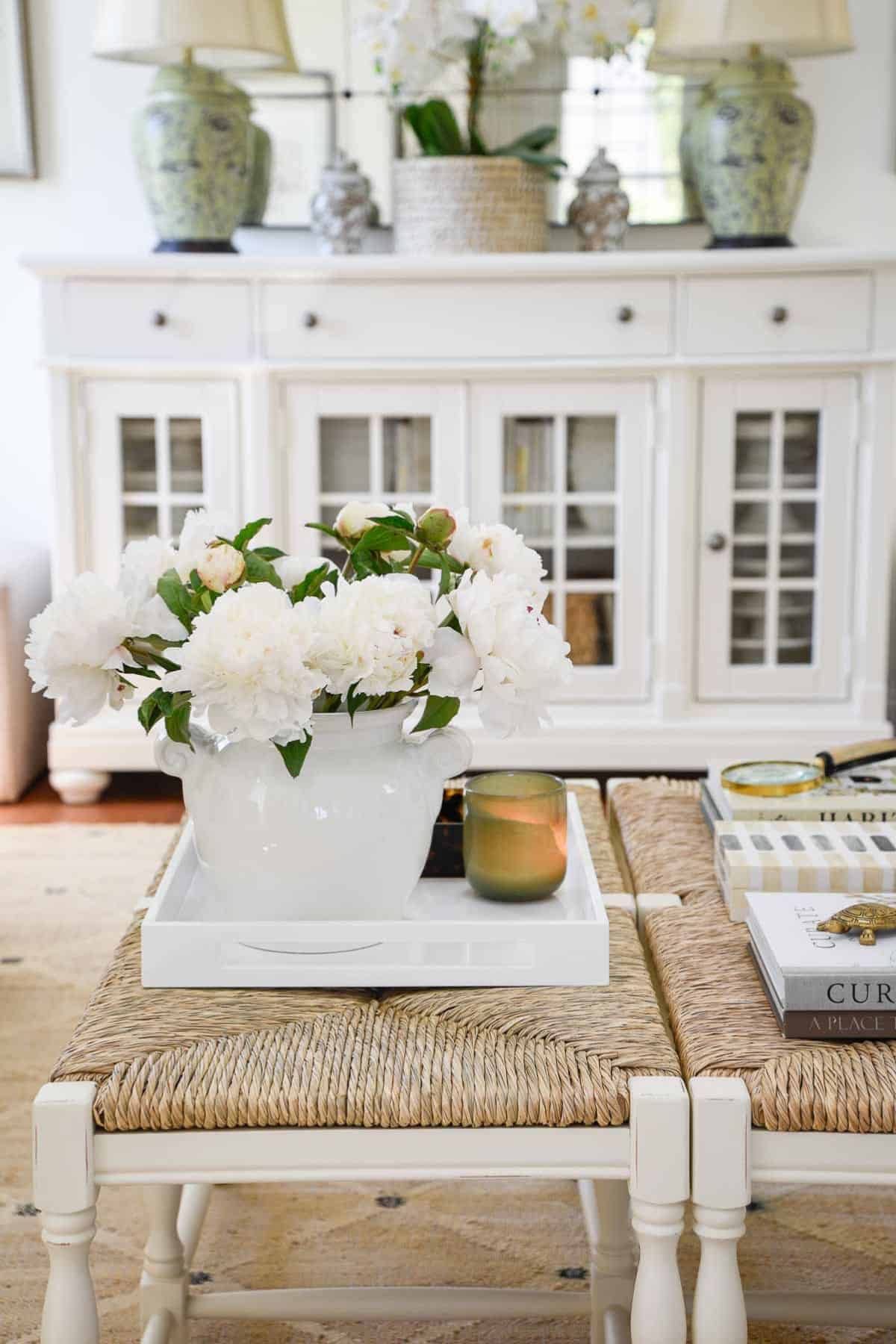 Layering Decor- coffee table with peonies