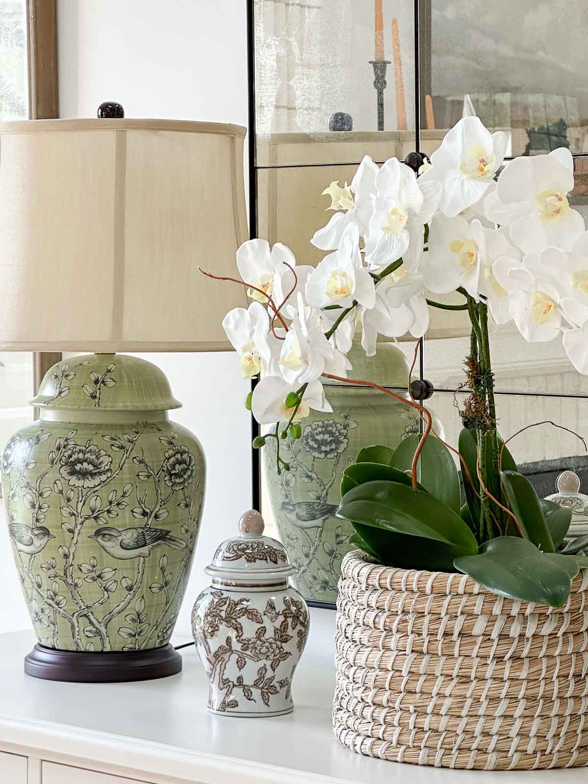 orchids on a white buffet