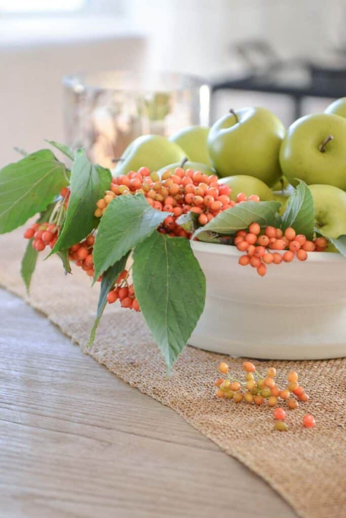 fall berries and green apples in a white footed bowl