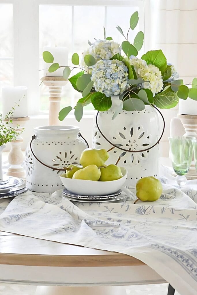 tablescape with a bowl of pears