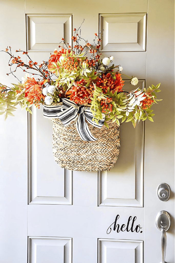 brambly door basket with a black and white bow