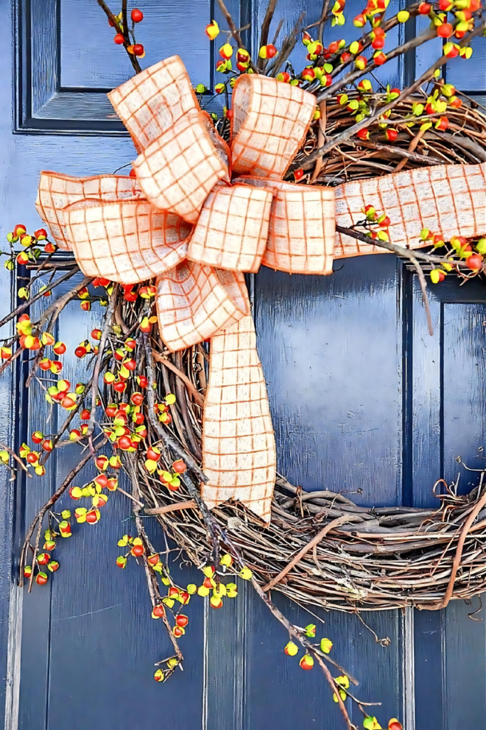 brambly door basket with a black and white bow