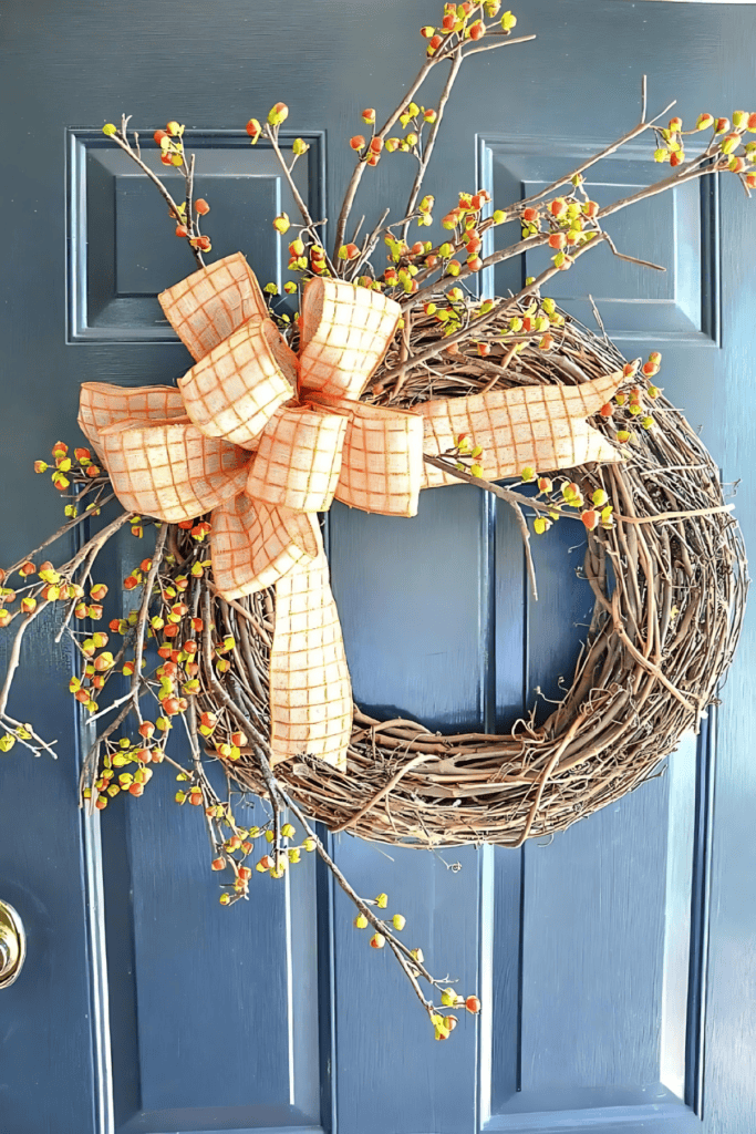 brambly door basket with a black and white bow