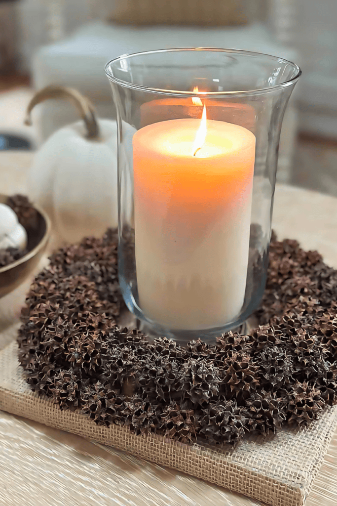 sweet gum ball wreath used as a candle ring,