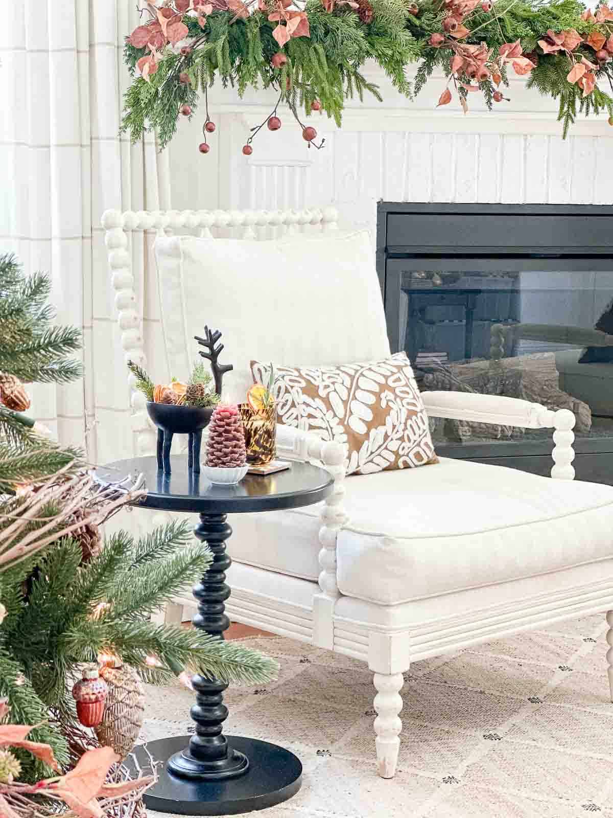 christmas decorations on a side table