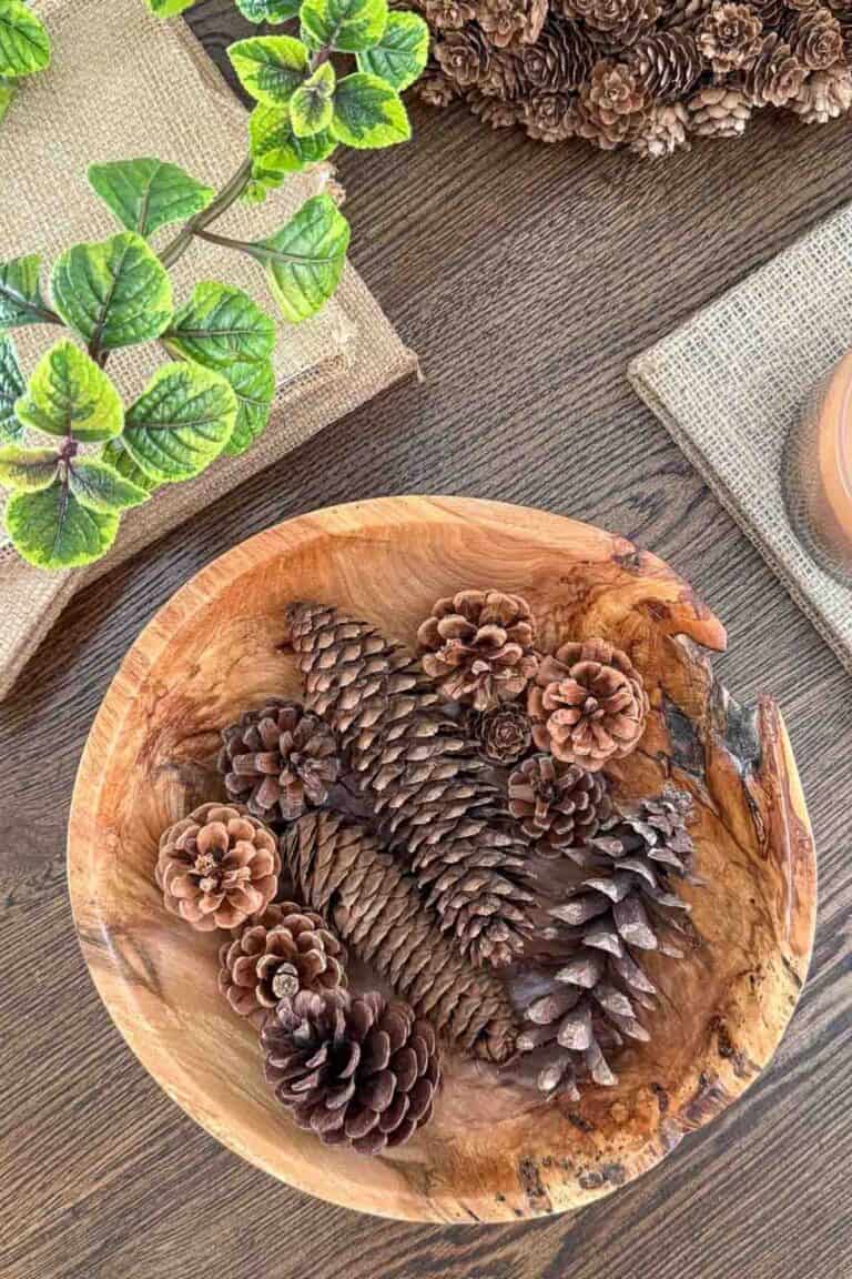 wooden bowl of pinecones and other decor on a coffee table