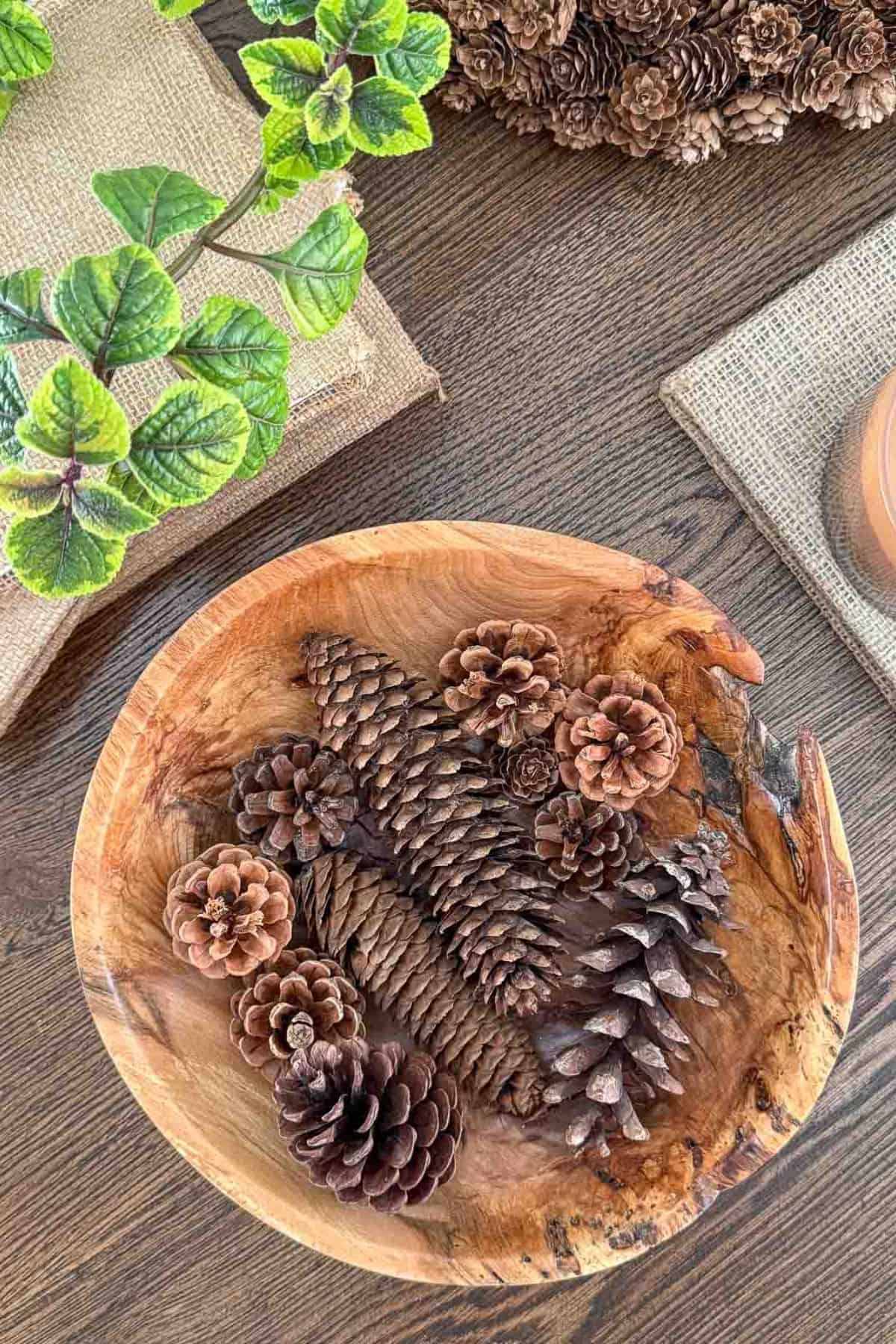 wooden bowl of pinecones and other decor on a coffee table