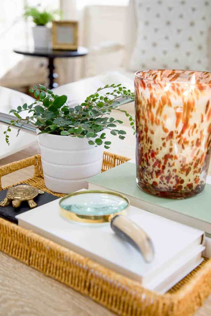 basket used to contain a vignette on a coffee table