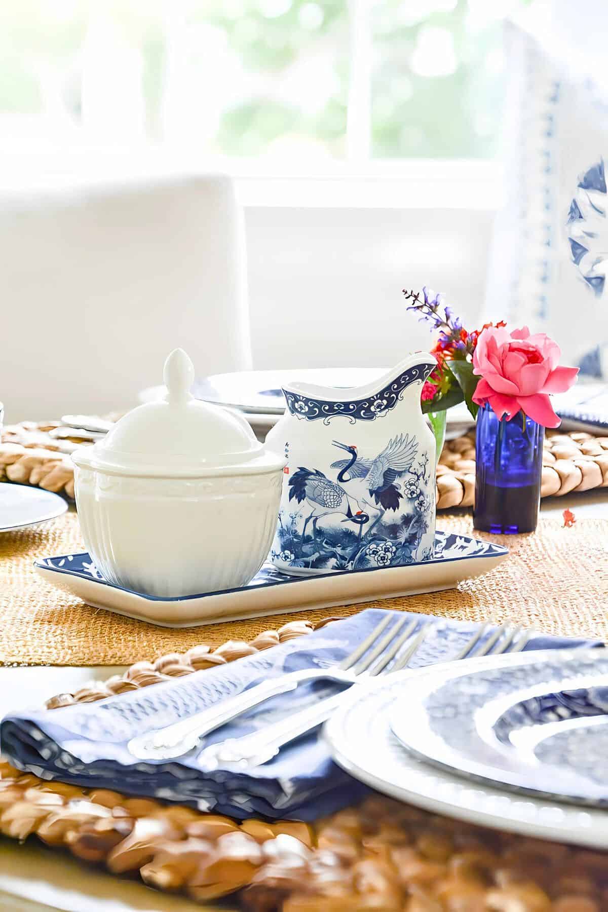 blue and white place setting