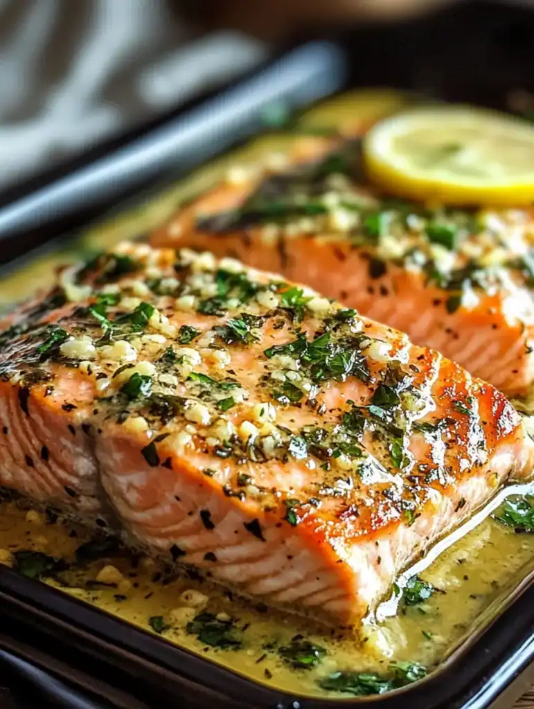 baked salmon on a sheet pan with lemons