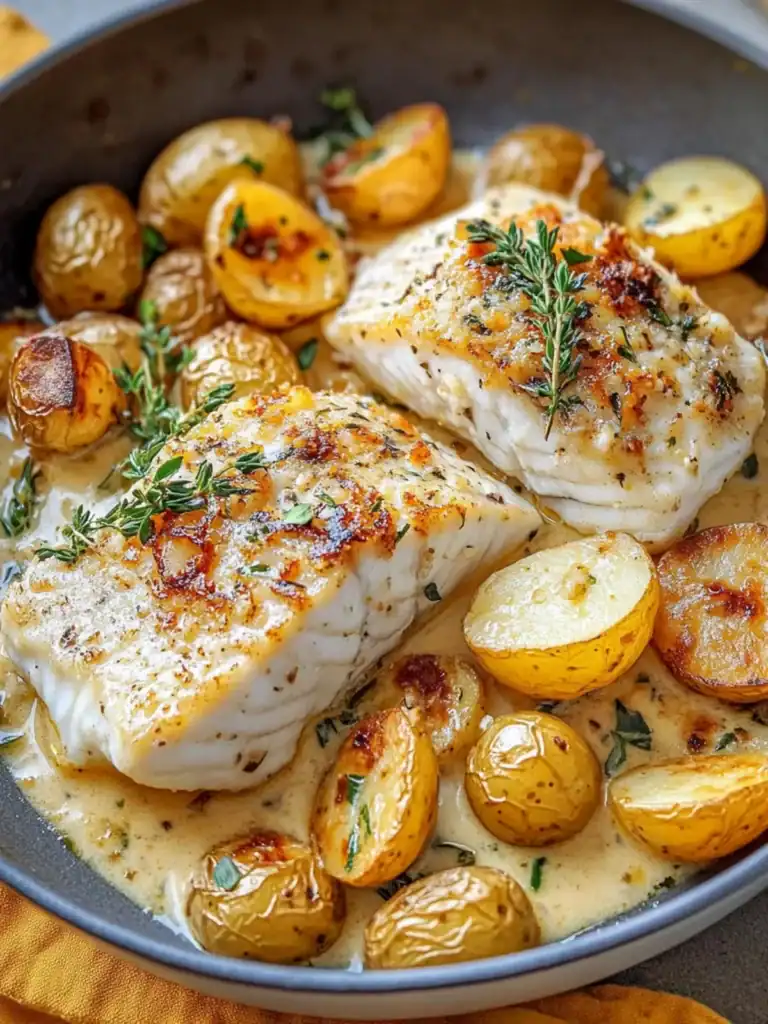 cod and potatoes in a pan with a creamy sauce