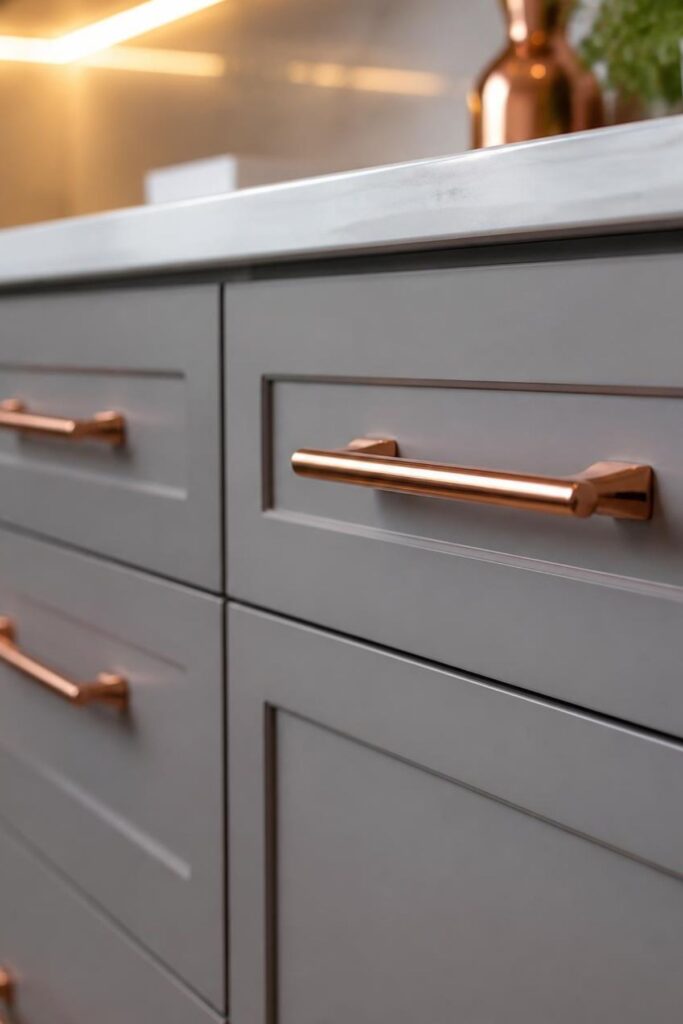 Rose gold cabinet pulls on gray shaker style kitchen cabinetry with white marble countertop