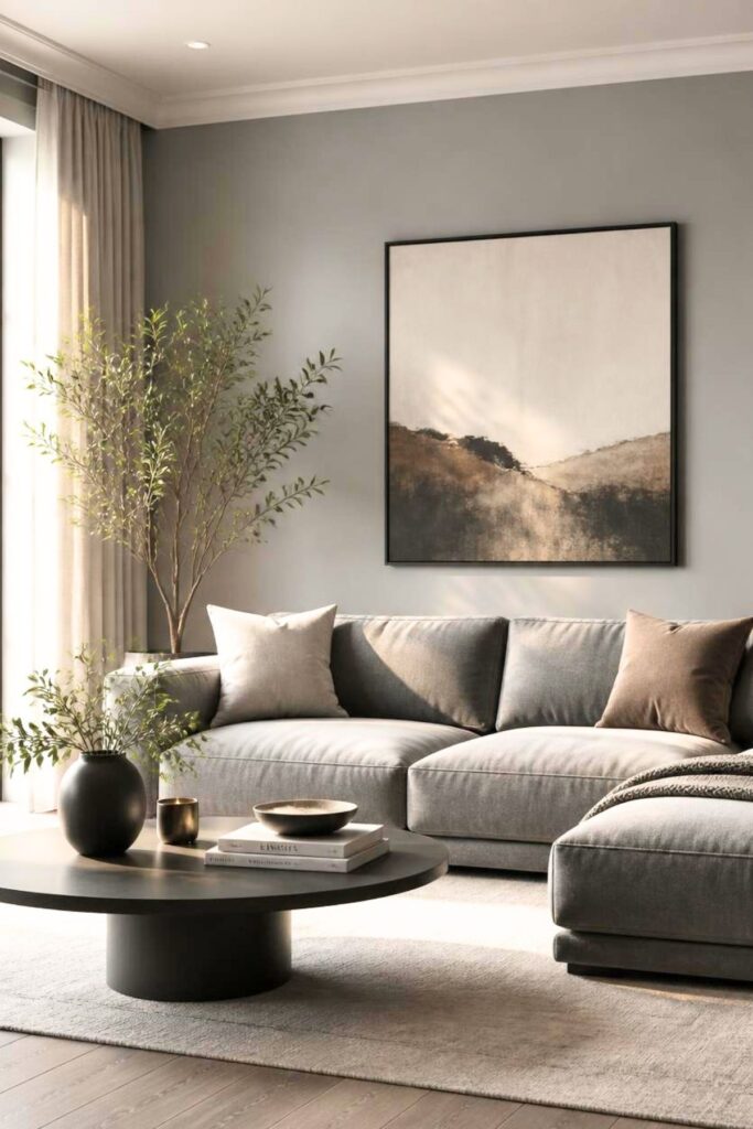 Gray living room with gray sectional sofa, warm brown pillow, black round coffee table, and layered neutral decor