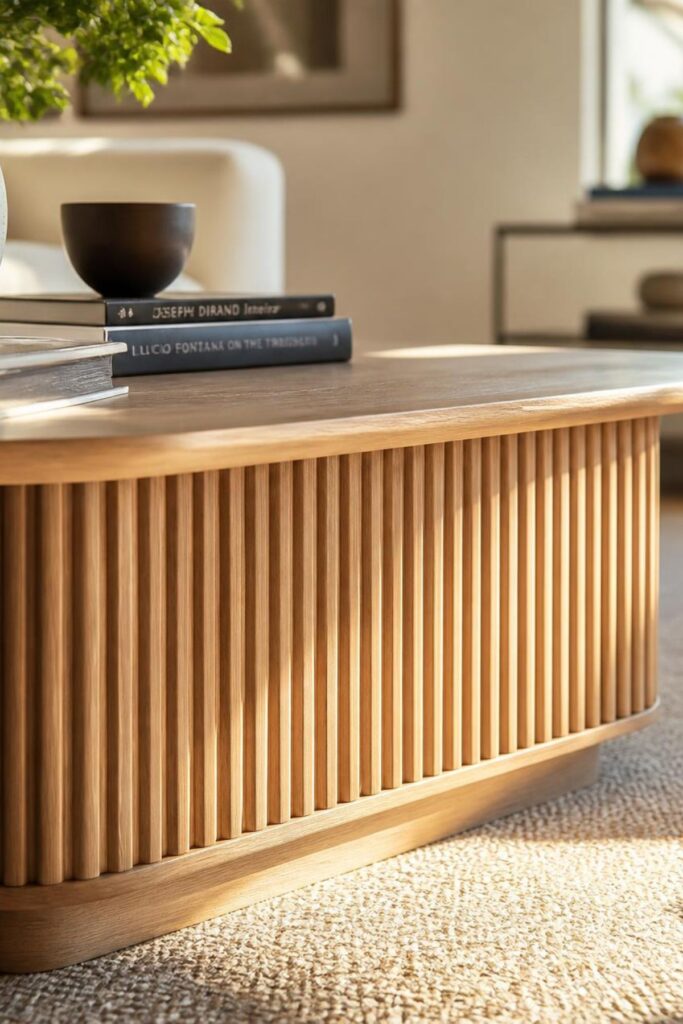 Fluted wood coffee table with curved edge detail and black bowl and books styled on top