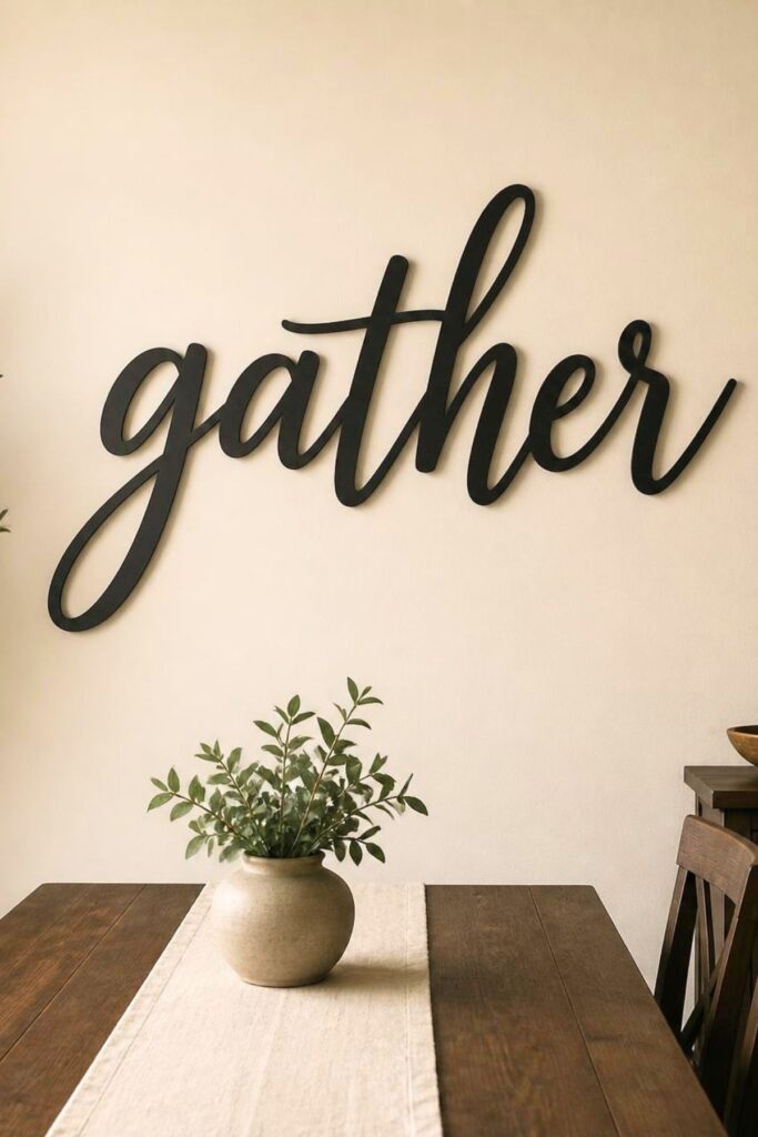 Black script gather word sign hanging above a dining table with a stoneware vase and greenery