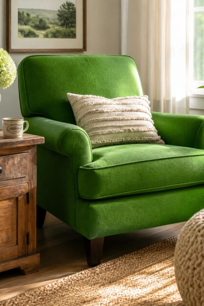 Bright Kelly green velvet armchair with textured cream pillow in a living room with a jute rug