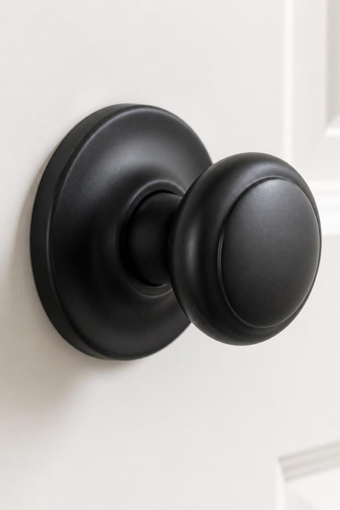 Matte black door knob and rosette on a white paneled door