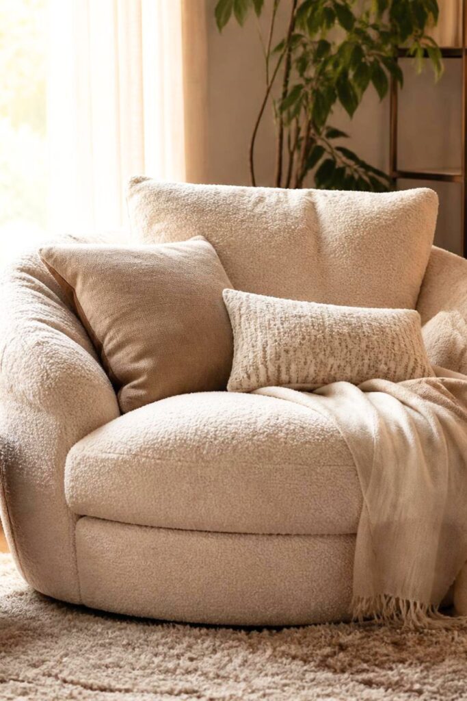 Oversized round boucle swivel chair with puffy overstuffed cushions and a draped throw blanket