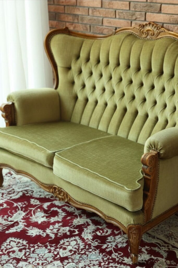 Antique green tufted wingback settee with carved wood frame, an example of classic furniture that never goes out of style