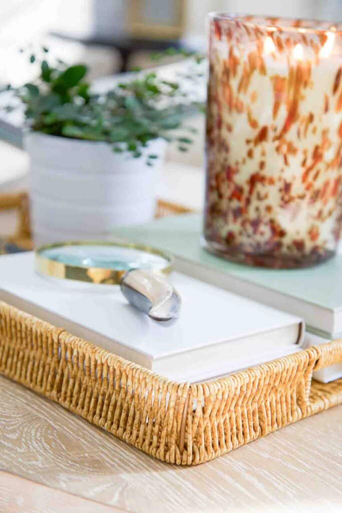 side of the wicker basket on a coffee table