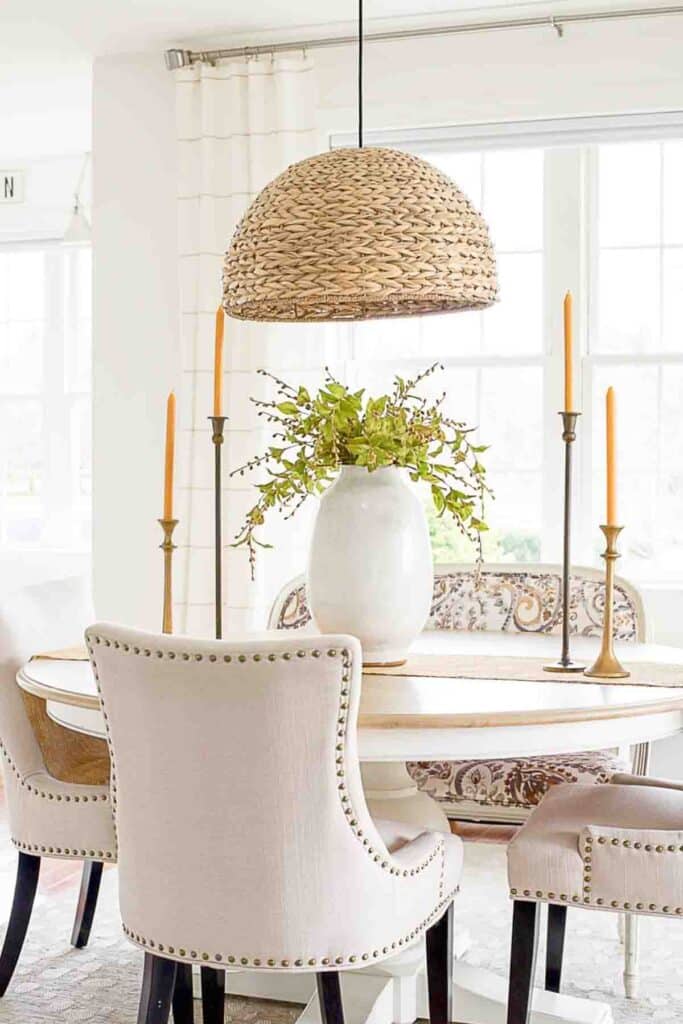 dining room table with pendant light above it.