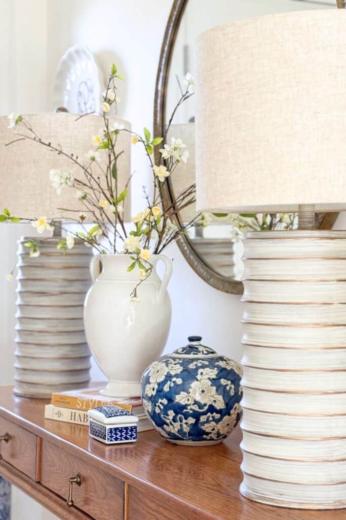close up of delicate spring branches in a vase used for simple after Easter decorating