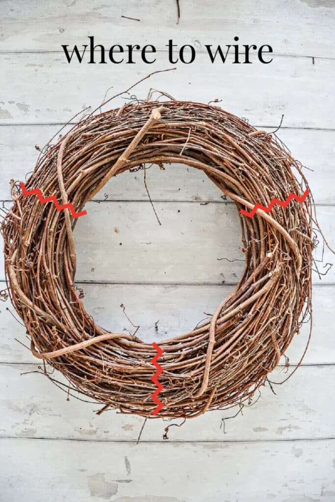 grapevine wreath with lines to show where to wire them together