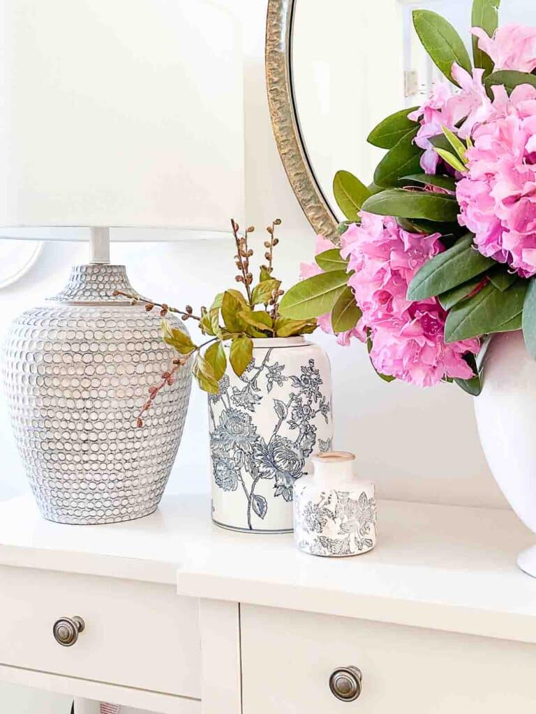 summer foyer ideas- greens in a blue and white container