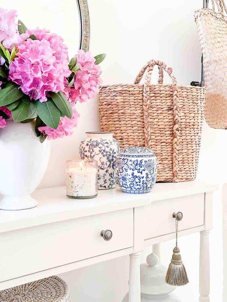 summer foyer ideas- basket on a foyer table