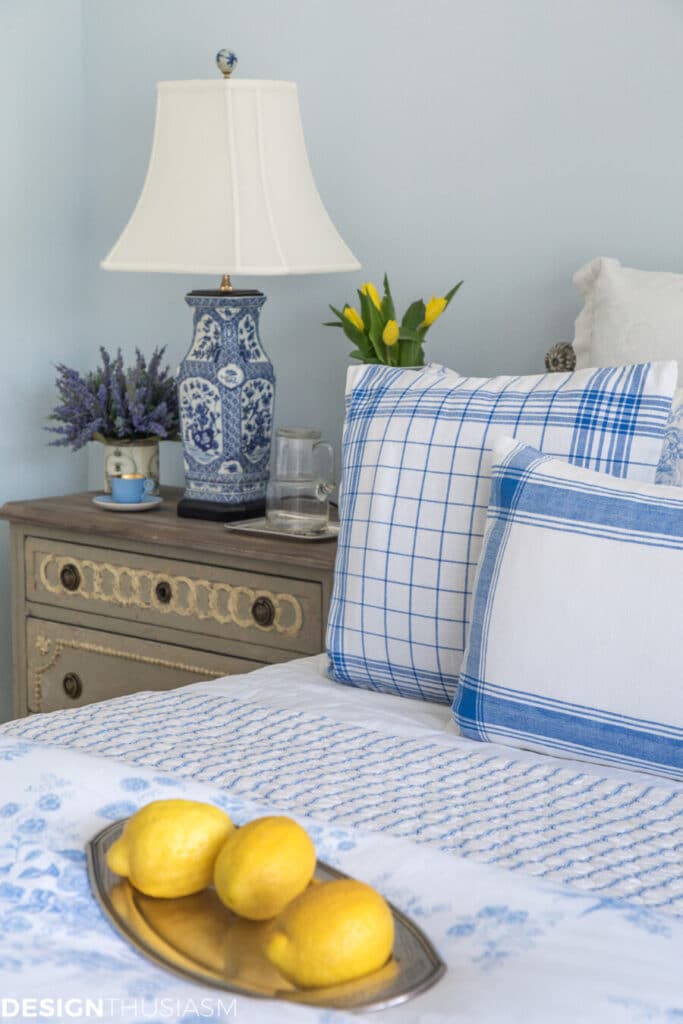 guest bedroom in blues and whites