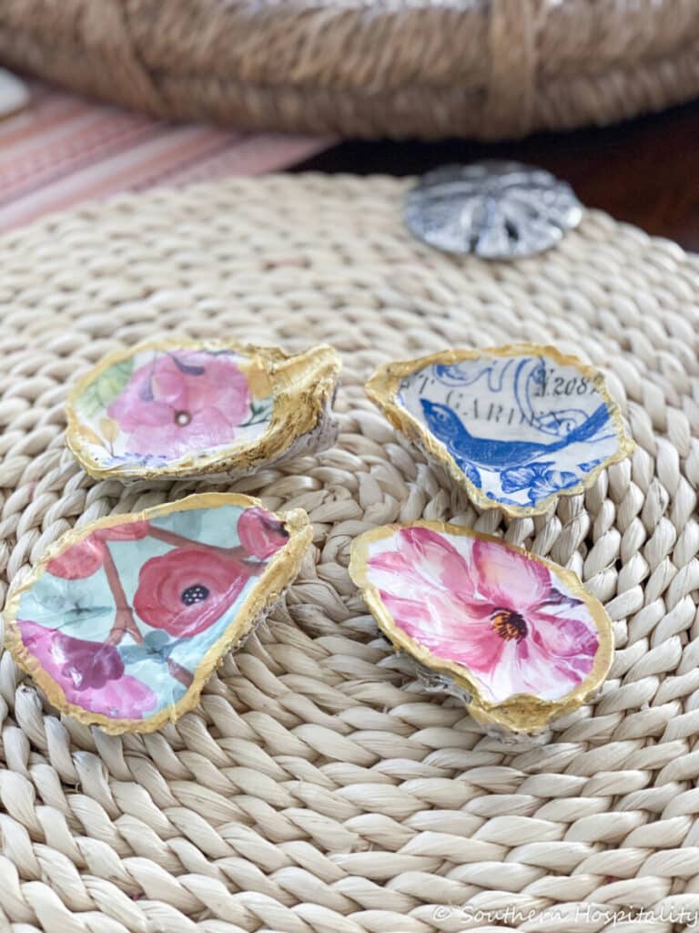 oyster shells that are decoupages and gold leafed