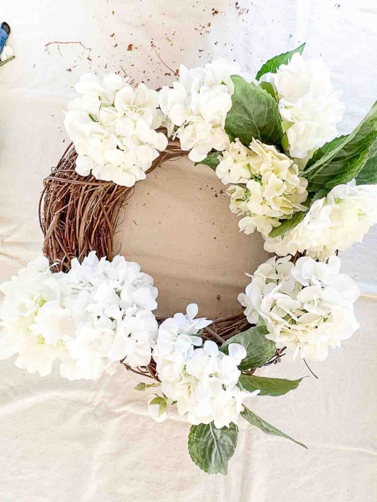 WHITE HYDRANGEA WREATH- adding more hydrangeas