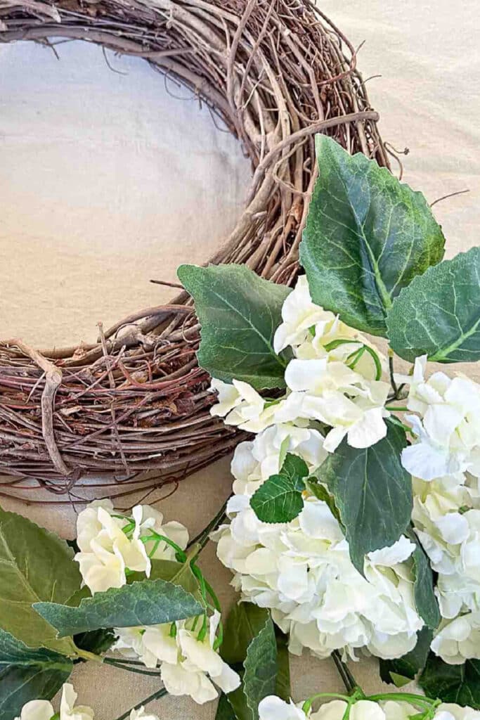 WHITE HYDRANGEA WREATH- grapevine wreath and white faux hydrangeas